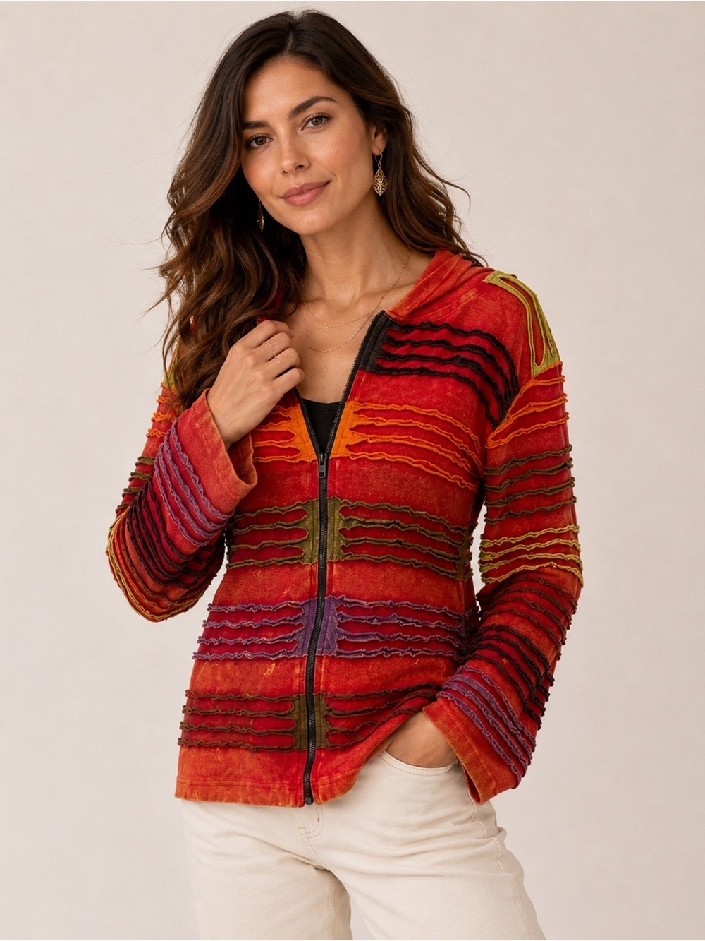 India Boutique Multi Color Womenโs size M/L front zipper Rust hoodie Jacket